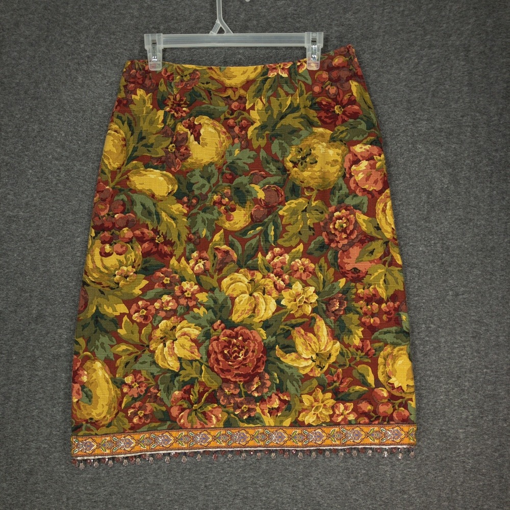 Vintage Handmade Knee Length Skirt 31" Waist Women's Size 12 Red Floral Tapestry
